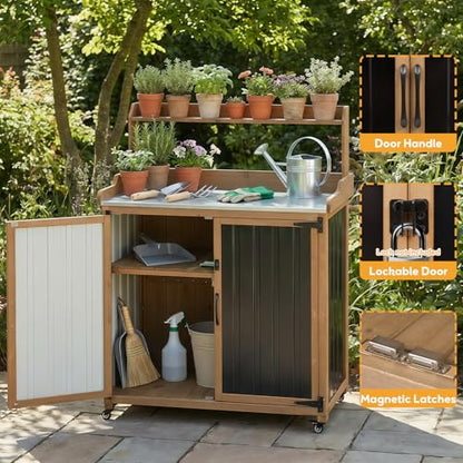Potting Bench Table & Outdoor Storage Cabinet with Lockable Wheels