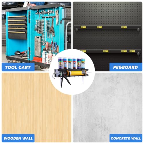 1 Pack Caulking Tube and Gun Holder 6 Slot 16.3 x 6.1 x 3.4 Inch Caulking Gun Storage Rack with Horizontally Base Sealant Organizer for Garage Workshop Work Van Wall Mounted Tubes and Nozzle