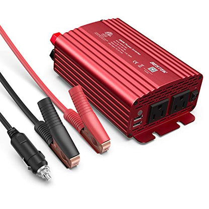 500W Power Inverter DC 12V to 110V AC Converter with Alligator Battery Clamp 4.8A Dual USB Car Charger ETL Listed