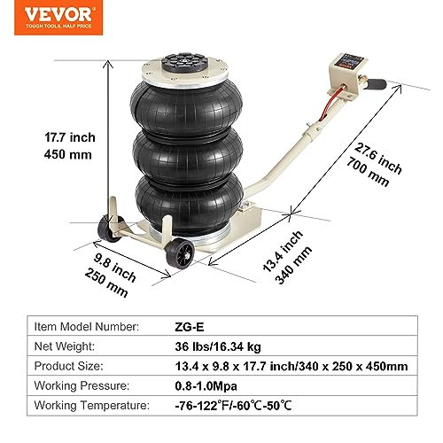 Air Jack, 3T / 6600 lbs Triple Bag Air Jack, Airbag Jack with Six Steel Pipes, Lift up to 17.7 inch/450 mm, 3-5 s Fast Lifting Pneumatic Jack, with Long Handles for Car, Garage, Repair