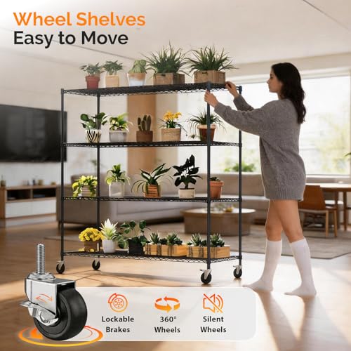 4 Tier Metal Storage Shelves 65''H Wire Shelving with Wheels for Storage Adjustable Heavy Duty Garage Shelving Storage Racks for Pantry Shelves Kitchen Office Garage