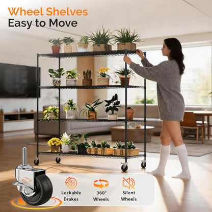 4 Tier Metal Storage Shelves 65''H Wire Shelving with Wheels for Storage Adjustable Heavy Duty Garage Shelving Storage Racks for Pantry Shelves Kitchen Office Garage