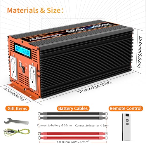 5000W Pure Sine Wave Power Inverter 12V DC to 110V 120V Converter for Family RV Off Grid Solar System Emergency Power Supply
