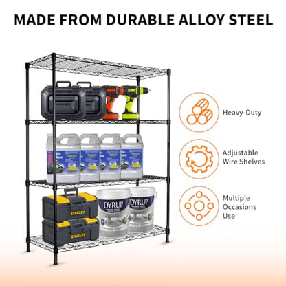 Heavy Duty Black 4 Tiers Steel 36x14x54 Wire Shelving NSF Certified. Adjustable Storage Rack for Kitchen