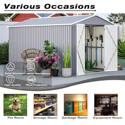 8x12 Ft Large Metal Outdoor Storage Shed with Floor Frame & Lock