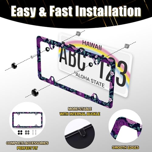Stainless Steel Purple Floral Flowers License Plate Frame 12.3 x 6.3 Inch
