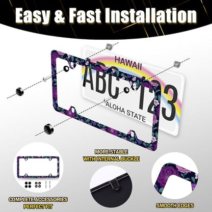 Stainless Steel Purple Floral Flowers License Plate Frame 12.3 x 6.3 Inch