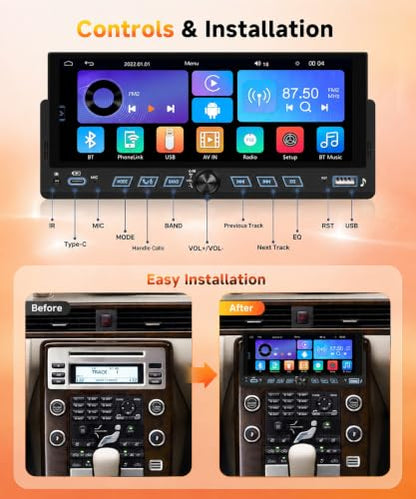 6.86" Single Din Car Stereo with Wireless CarPlay and Android Auto