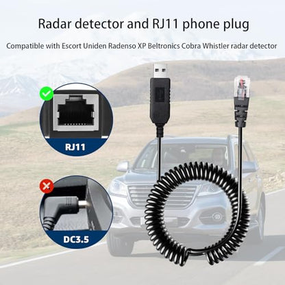 Universal Coiled USB to RJ11 power cable for Escort Uniden Radar Detectors
