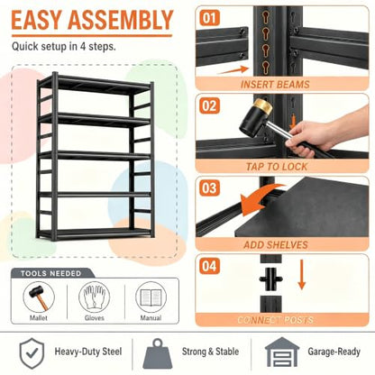 Metal Bookshelf 5 Tier Adjustable Heavy Duty Bolt Free Bookcase