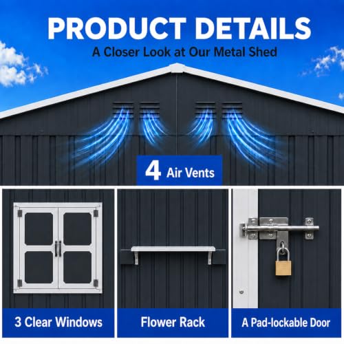 12x10 FT Outdoor Storage Shed with 3 Clear Windows