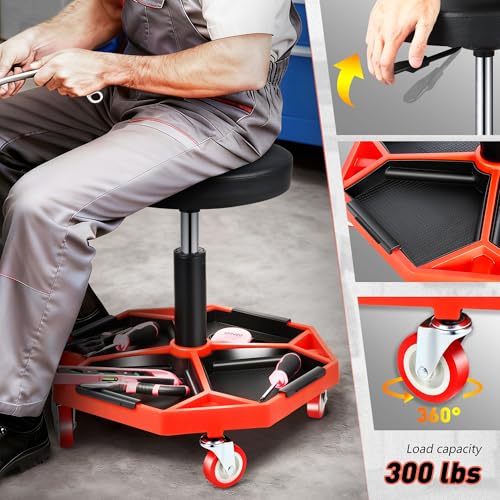 TOOLS 00253 Adjustable Height Pneumatic Garage Seat Rolling Mechanic Stool with Tool Tray Storage