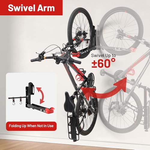 Bike Wall Mount Rack Adjustable & Foldable Garage Bike Rack with Swivel Design & 2 Storage Hooks (2 Count)