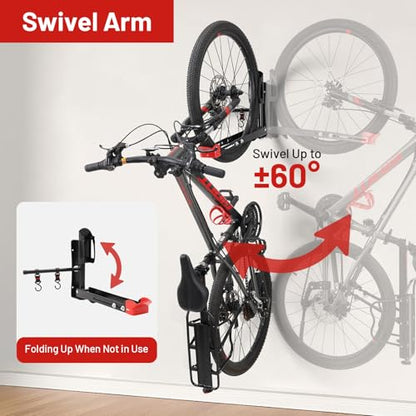 Bike Wall Mount Rack Adjustable & Foldable Garage Bike Rack with Swivel Design & 2 Storage Hooks (2 Count)