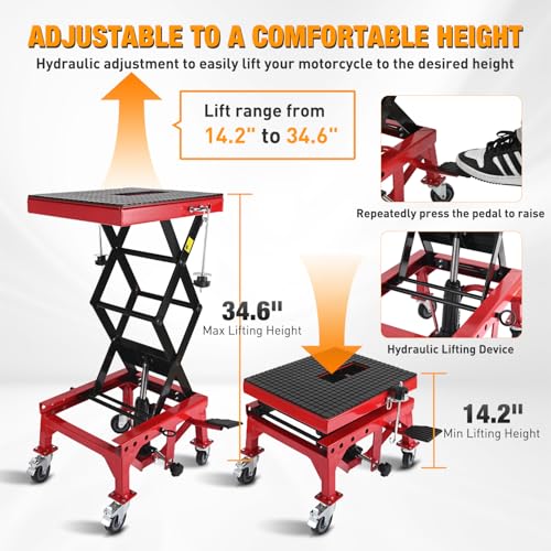 Motorcycle Lift Table Jack 300 LBS Heavy Duty Hydraulic Motorcycle Scissor Jack Lifts Table Foot Pedal with 4 Caster Wheels Wide Deck for Motorbike Dirt Bike ATV Garage Repair Tool