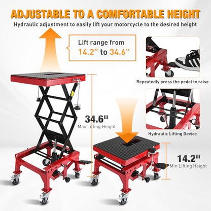 Motorcycle Lift Table Jack 300 LBS Heavy Duty Hydraulic Motorcycle Scissor Jack Lifts Table Foot Pedal with 4 Caster Wheels Wide Deck for Motorbike Dirt Bike ATV Garage Repair Tool