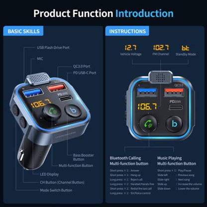 Bluetooth 5.3 FM Transmitter for Car Radio Adapter Charger