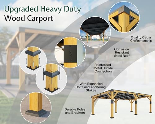 12x24x8.2 FT Heavy Duty Cedar Wood Carport for 2 Cars