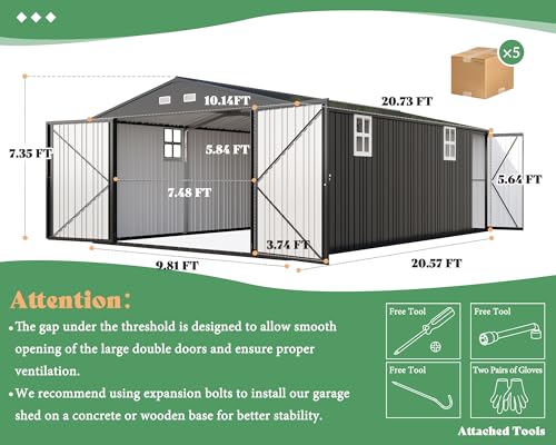 10x21x7.3 FT Metal Garage Shed with Double Hinged Doors
