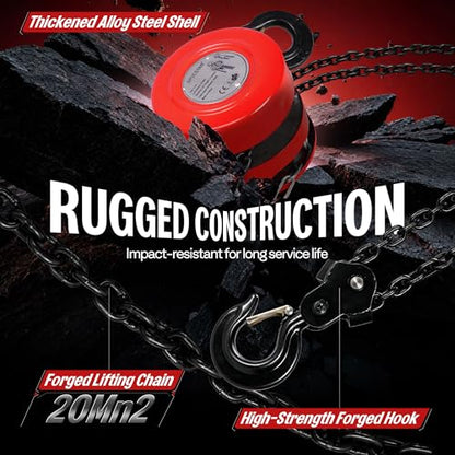 Hand Chain Hoist 2 Ton 4400 Lbs Capacity 10 Feet with 2 Hooks