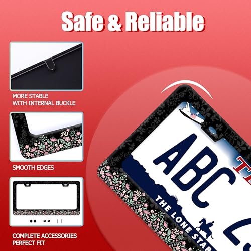 Cute Pink Flowers License Plate Frame Stainless Steel Floral License Holder