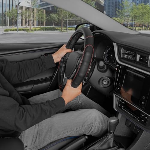 GripDrive Faux Black Leather Steering Wheel Cover for Car Truck Van SUV