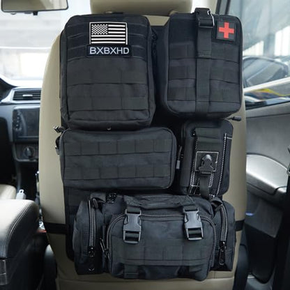 Universal Tactical Car Seat Back Organizer Bag Tactical Molle Vehicle Organizers Panel Vehicle Protector Organizers with 5 Detachable Pouches for Car Truck Ford Jeep