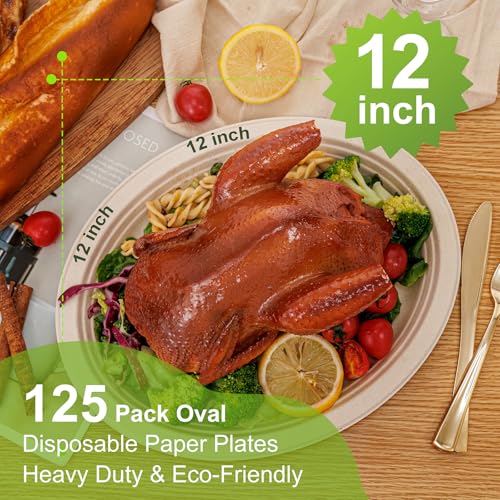 100% Compostable Oval Paper Plates 12 Inch 125 (125 Count)