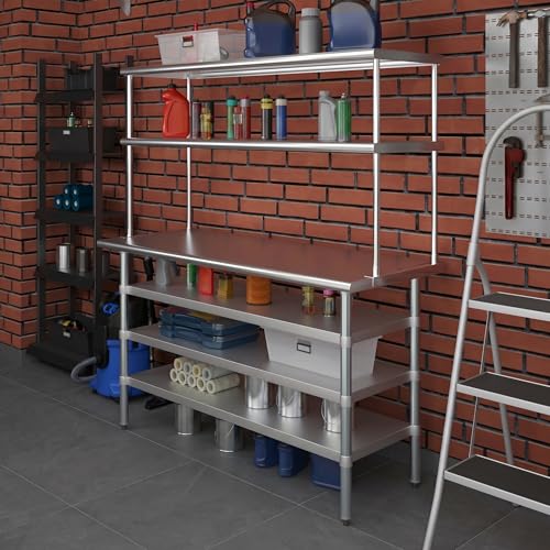 24" x 60" Stainless Steel Work Table with 3 Shelves and 18" Wide Double Tier Overshelf