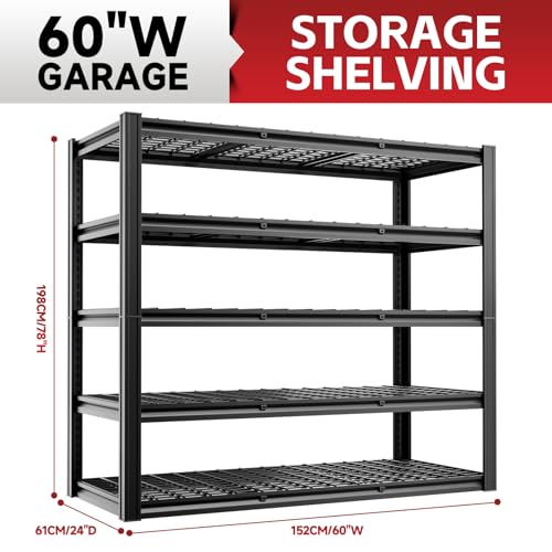 5 Tier 60”W x 24”D x 78”H Garage Shelving Adjustable Metal Storage Shelves 3300LBS Garage Shelving Heavy Duty Utility Shelf Unit Storage Racks for Warehouse (5 Count)