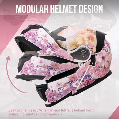 Pink Modular Motorcycle Helmets Full Face Flip up Street Bike Motorcycle Helmet for Unisex Adult Flower Sea