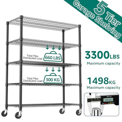 3300LBS 53.1" W 5 Tiers Shelf Steel Storage Shelving Utility Shelving Unit Steel Organizer Wire Rack for Home
