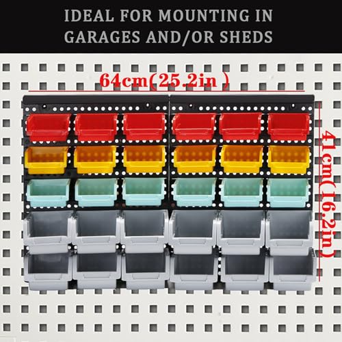 Wall Mounted Storage Bins Parts Rack 4 Colors Bin Organizer Garage Plastic Shop Tool (30 Count)