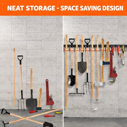 68'' All Metal Garden Tool Organizer Adjustable Garage Tool Organizer Wall Mount Garage Organizers and Storage with Heavy Duty Hooks Tool Hangers for Garage Wall