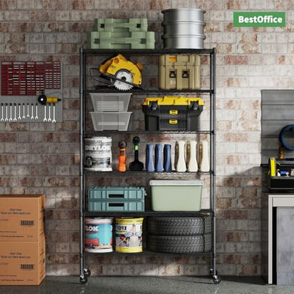 Storage Shelves 6 Tier Metal Shelves Adjustable Garage Shelving Wire Shelving Unit Capacity 2100LBS with Wheels for Kitchen