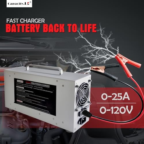 0-120V 0-25A Adjustable LiFePO4 Battery Charger, High Power Lithium Battery Charger with Pre-Charging, BMS Wake-Up, LCD Display, Variable DC Power Supply for RV Marine Solar Golf Cart