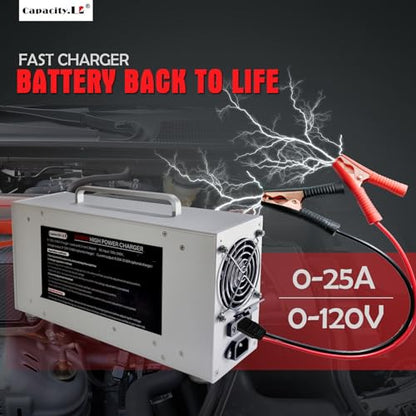 0-120V 0-25A Adjustable LiFePO4 Battery Charger, High Power Lithium Battery Charger with Pre-Charging, BMS Wake-Up, LCD Display, Variable DC Power Supply for RV Marine Solar Golf Cart