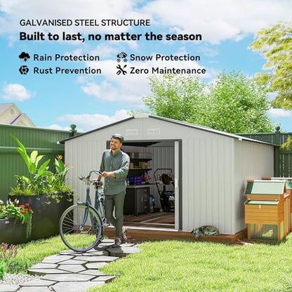 11' x 13' Outdoor Storage Shed Garden Tool Metal Shed White