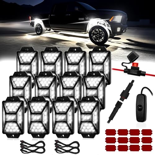 12 Pods Pure White LED Rock Lights Kit with Switch Wiring Harness (12 Count)