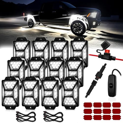 12 Pods Pure White LED Rock Lights Kit with Switch Wiring Harness (12 Count)
