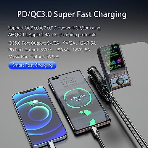 1.8" Color Screen Bluetooth 5.3 FM Transmitter for Car Adapter PD30W USB Port Fast Charge HiFi Treble Bass Player EQ Sound Music Player TF