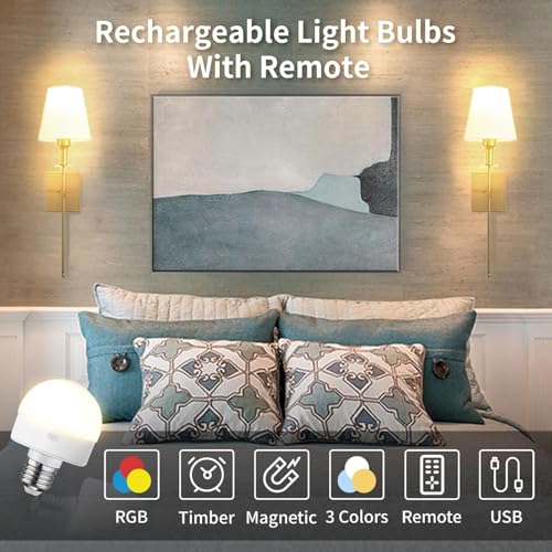 Dimmable Rechargeable Light Bulbs with Remote for Lamp Battery Bulbs (2 Count)