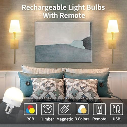 Dimmable Rechargeable Light Bulbs with Remote for Lamp Battery Bulbs (2 Count)