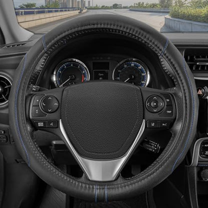 GripDrive Faux Black Leather Steering Wheel Cover for Car Truck Van SUV