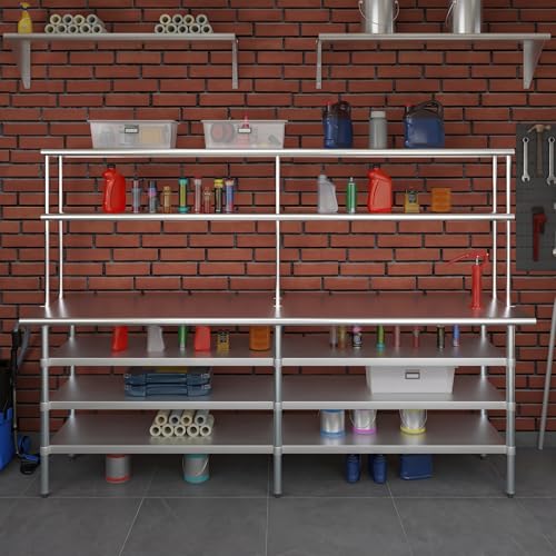 24" x 96" Stainless Steel Work Table with 3 Shelves and 12" Wide Double Tier Overshelf