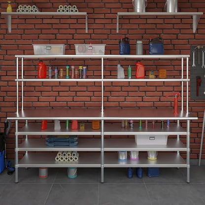 24" x 96" Stainless Steel Work Table with 3 Shelves and 12" Wide Double Tier Overshelf