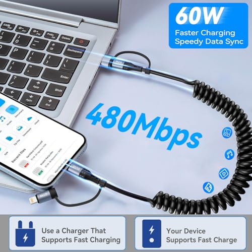 Coiled Lightning Cable 4 in 1 4FT Multi Charging Cable 60W Fast Charging