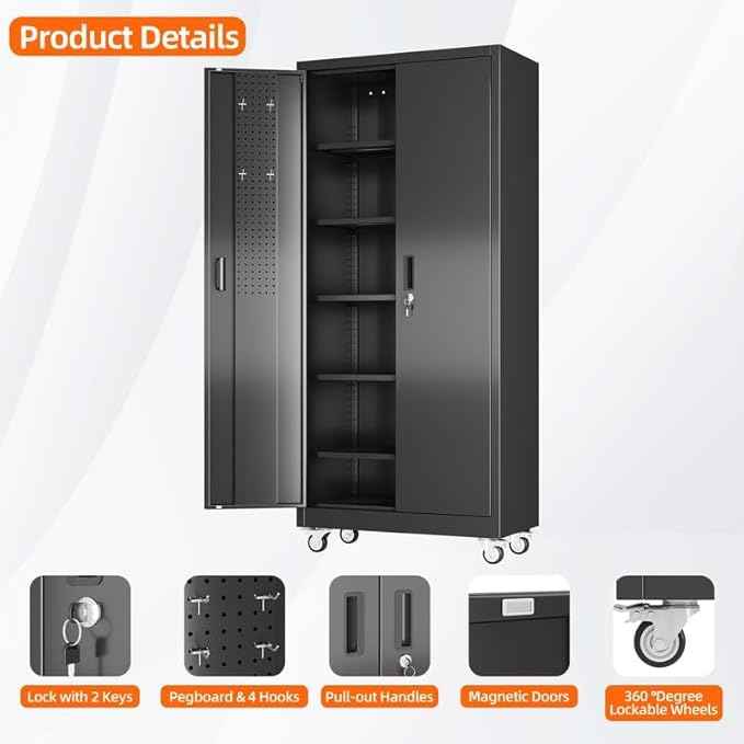 Aobabo Garage Storage Cabinet with Door Pegboard,Lockable Metal Storage Cabinet with 5 Adjustable Shelves for Garage Home,Required Assembly,Black