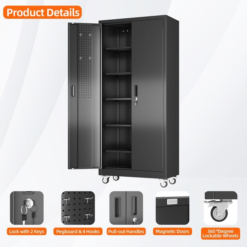Metal Garage Storage Cabinet with Wheels and Door Pegboard