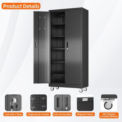 Metal Garage Storage Cabinet with Wheels and Door Pegboard